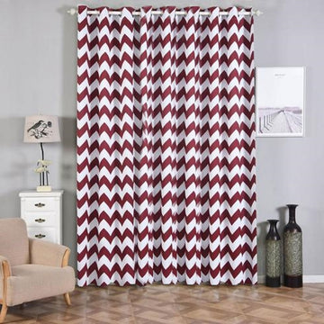 2 Pack White/Burgundy Chevron Print Thermal Blackout Window Curtain Grommet Panels, Noise Cancelling Curtains 52"x108"