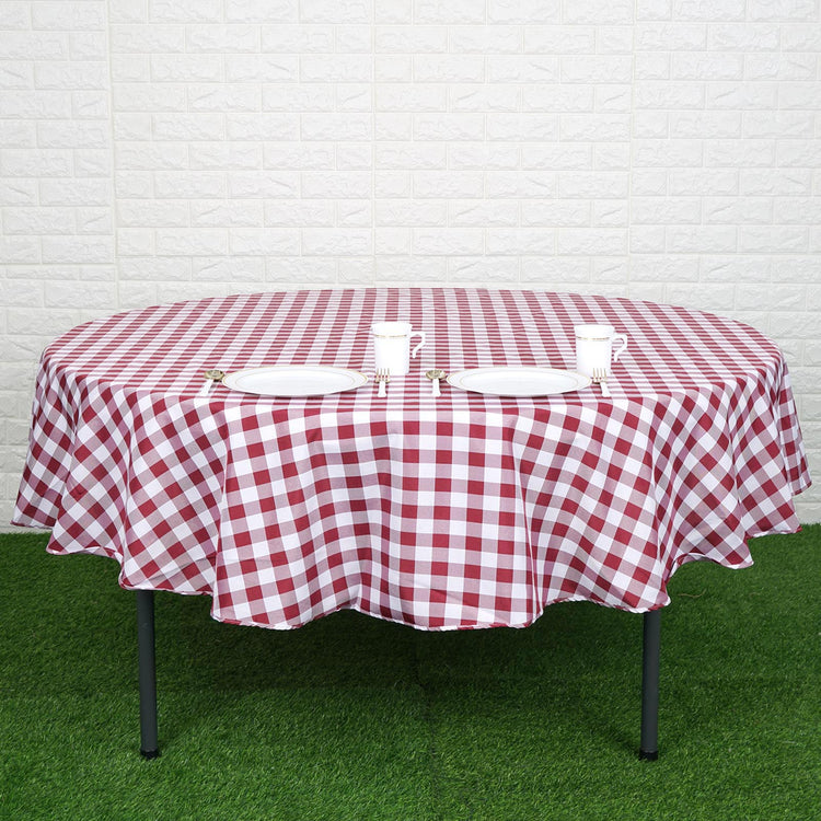 90 Inch Round White & Burgundy Checkered Polyester Buffalo Plaid Tablecloth