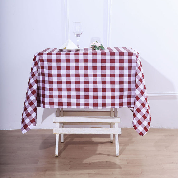 Buffalo Plaid Tablecloth 54 Inch x 54 Inch Square White And Burgundy Checkered Gingham Polyester