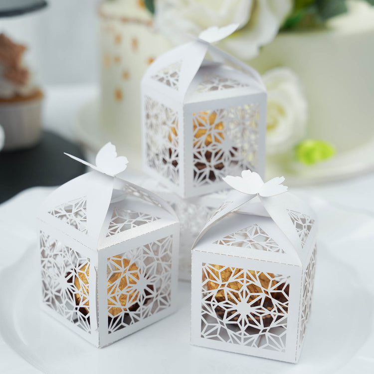 White Butterfly Top Box With Laser Cut Lace Design For Favor Candy Gifts 25 Pack
