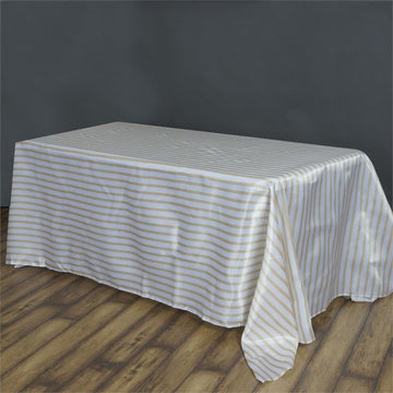 White/Champagne Seamless Stripe Satin Rectangle Tablecloth 90"x132"