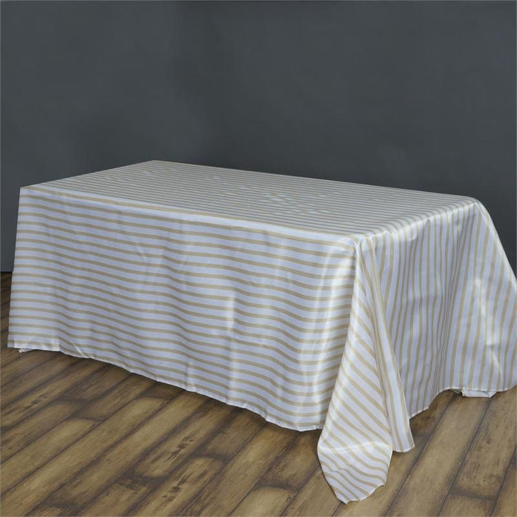90 inch x132 inch White/Champagne Stripe Satin Tablecloth#whtbkgd