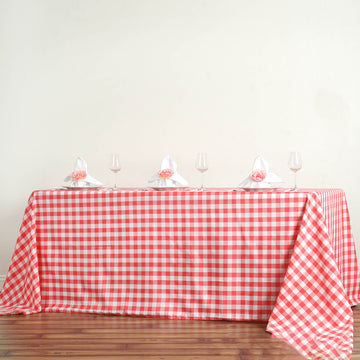 White/Coral Seamless Buffalo Plaid Rectangle Tablecloth, Checkered Polyester Tablecloth 90"x156" for 8 Foot Table With Floor-Length Drop