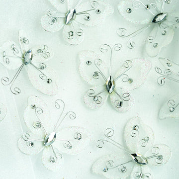 White Diamond Studded Wired Organza Butterflies - Add Enchanting Elegance to Your Event Decor
