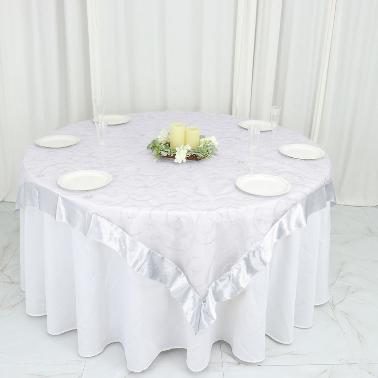 60 inch White Satin Edge Embroidered Sheer Organza Square Table Overlay