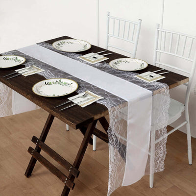 Elegant dining setup with lace table runner and decorative plates.