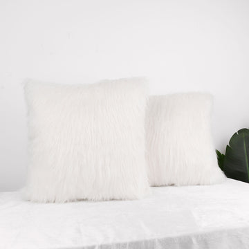2 Pack White Faux Fur Sheepskin Throw Pillow Cases, Square Pillow Covers 18"