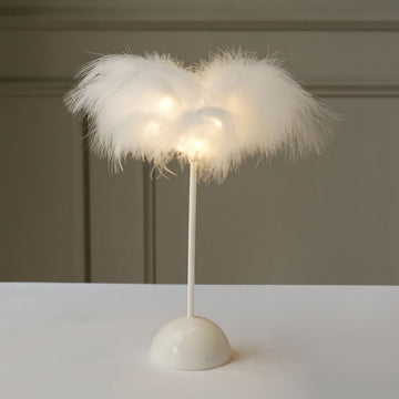15" White Feather LED Table Lamp Desk Light, Battery Operated Cordless Wedding Centerpiece