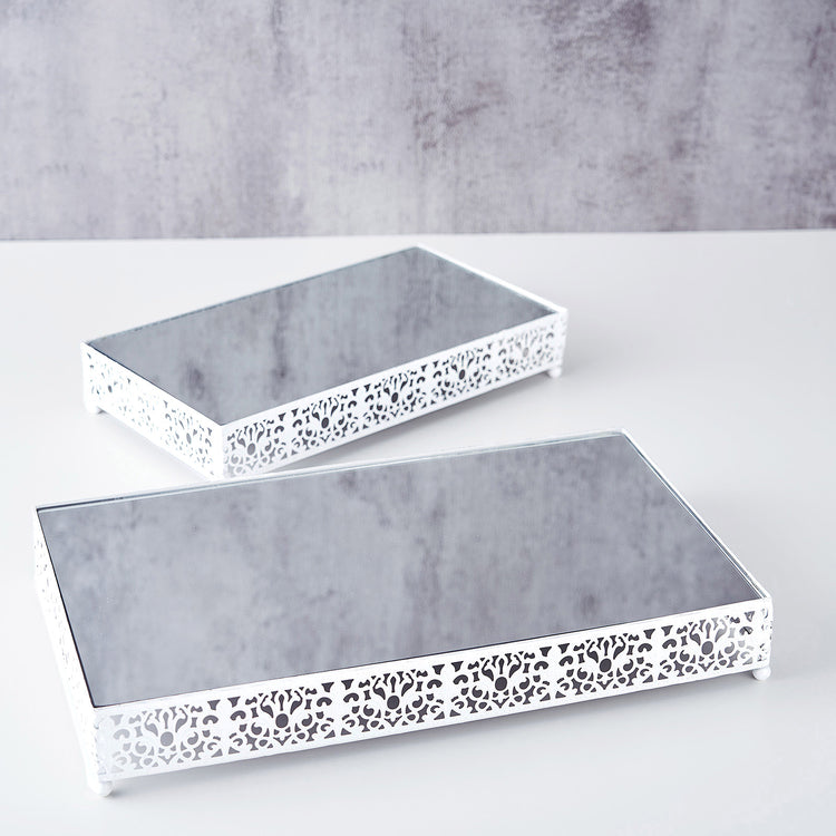 Set of 2 White Metal Fleur De Lis Rectangle Cake Stand Display Riser with Mirror Top