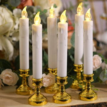 Set of 6 | 10" White Flickering Flameless LED Taper Candles with Removable Gold Candle Holders, Battery Operated Window Candles