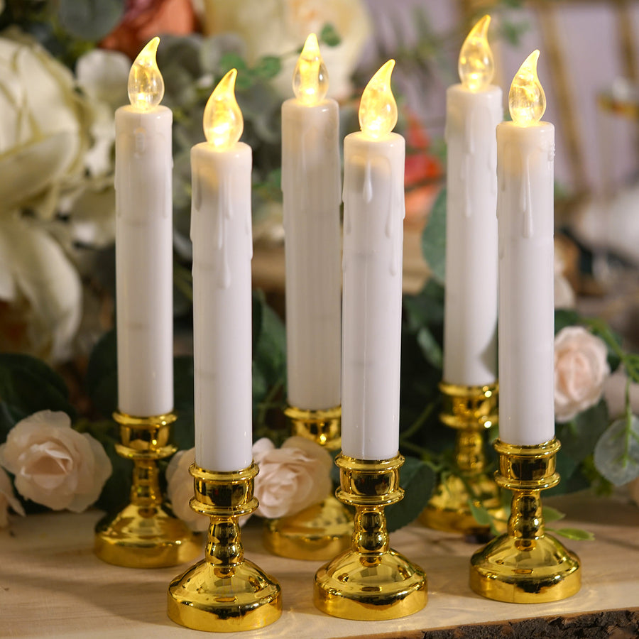 6 Set White Taper Flickering Flameless LED Candles With Removable Gold Candle Holders 10 Inch