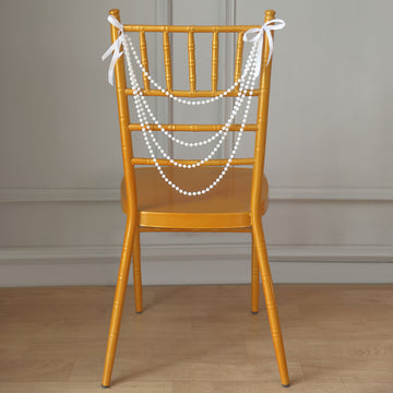 White Gatsby Faux Pearl Beaded Wedding Chair Back Garland Sash, Pre-Tied Pearl String Chiavari Chair Decor 16"