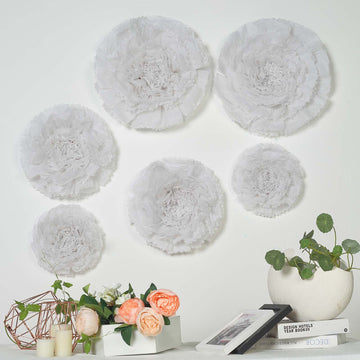 Set of 6 | White Giant Carnation 3D Paper Flowers Wall Decor - 12",16",20"