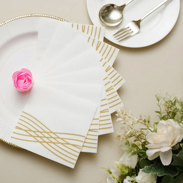20 Pack White / Gold Airlaid Linen-Feel Paper Cocktail Napkins, Premium Disposable Beverage Napkins With Gold Foil Wave Design