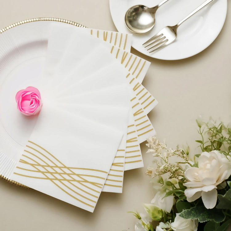 White and Gold Airlaid Disposable Linen Feel Napkins with Foil Wave Design 20 Pack