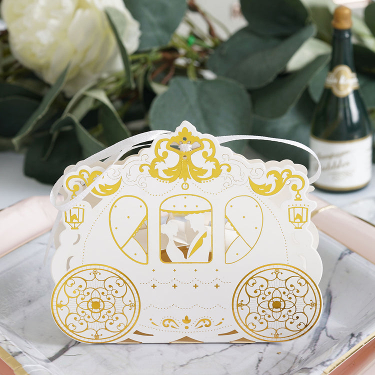 25 Pack | White/Gold Cinderella Carriage Party Favor Candy Gift Boxes