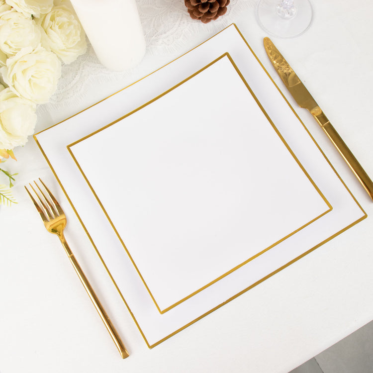 8 Inch White Square Plastic Plates With Gold Rim And Concave Edged