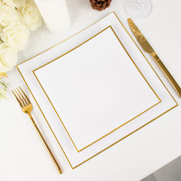 10 Pack White / Gold Concave Modern Square Plastic Dessert Plates, Disposable Salad Appetizer Party Plates 8"