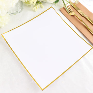 10 Pack White / Gold Concave Modern Square Plastic Dinner Plates, Disposable Party Plates 10"