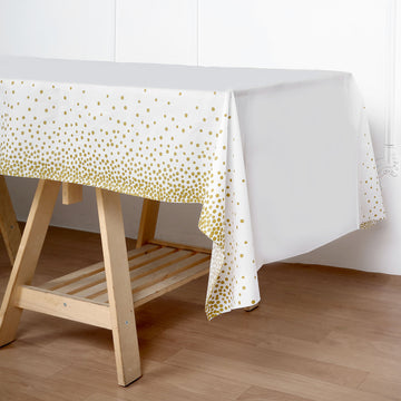 White Gold Confetti Dots Waterproof Plastic Tablecloth, PVC Rectangle Disposable Table Cover 54"x108"
