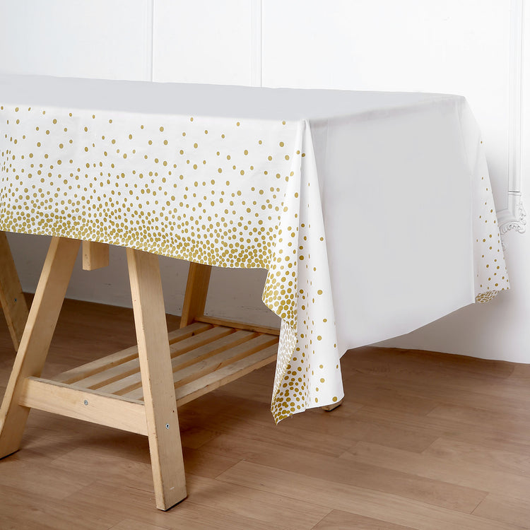 White & Gold Confetti Dots Disposable Rectangle 54 Inch x 108 Inch 10 Mil Thick PVC Tablecloth