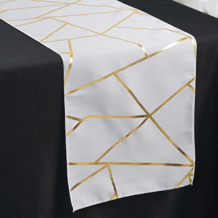 9 Feet White Polyester Table Runner With Gold Foil Geometric Pattern