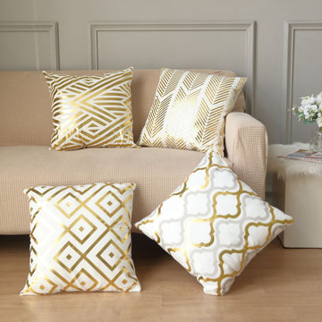 Set Of 4 White/Gold Foil Geometric Print Throw Pillow Covers, Velvet Square Sofa Cushion Covers 18"