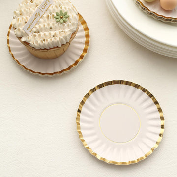 50 Pack | 3.5" White / Gold Scalloped Rim Mini Paper Dessert Plates, Disposable Round Tapas Party Plates - 250 GSM