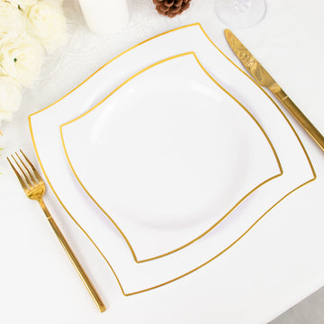 10 Pack White / Gold Wavy Rim Modern Square Plastic Dessert Plates, Disposable Salad Appetizer Party Plates 8"
