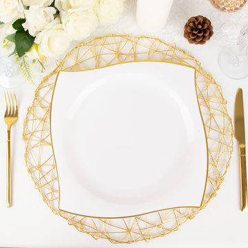 White/Gold Wavy Rim Modern Square Plastic Dinner Plates