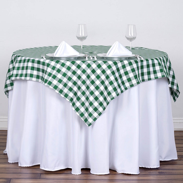 54 Inch Square Buffalo Plaid Polyester Table Overlay In White/Green Checkered Gingham