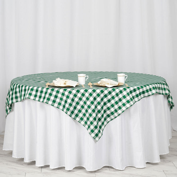 70 Inch Square Buffalo Plaid Polyester Table Overlay In White And Green Checkered Gingham