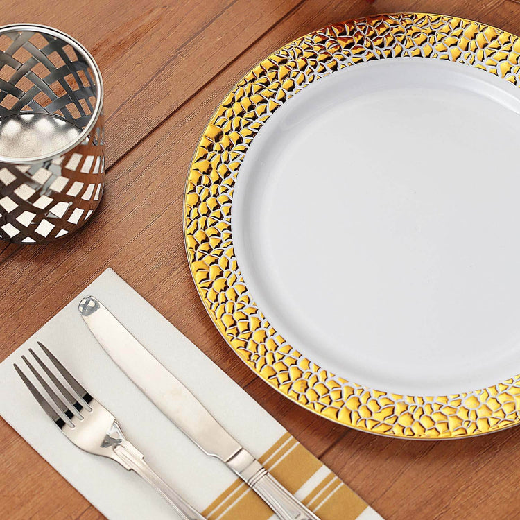 10 Pack Of 10 Inch White Disposable Plastic Dinner Plates With Hammered Design Gold Rim 