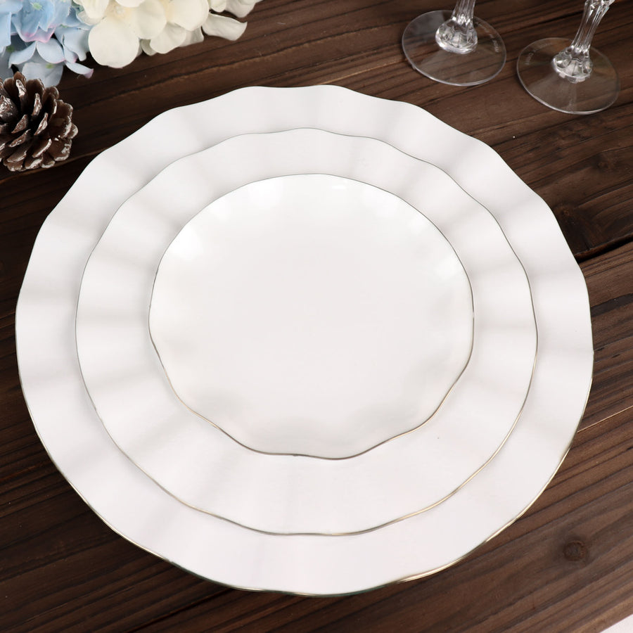 10 Pack of 6 Inch White Hard Plastic Round Disposable Dessert Plates with Gold Ruffled Rim