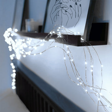 8ft White 200 LED Battery Operated Fairy String Waterfall Lights, 10 Waterproof Copper Strands