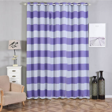2 Pack White/Lavender Lilac Cabana Stripe Thermal Blackout Curtains With Chrome Grommet Window Treatment Panels 52"x108"
