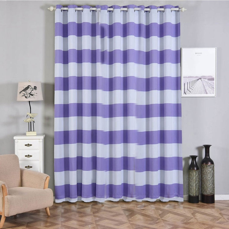 2 Pack White & Lavender Cabana Stripe Thermal Blackout Curtains With Chrome Grommet 52 Inch x 108 Inch