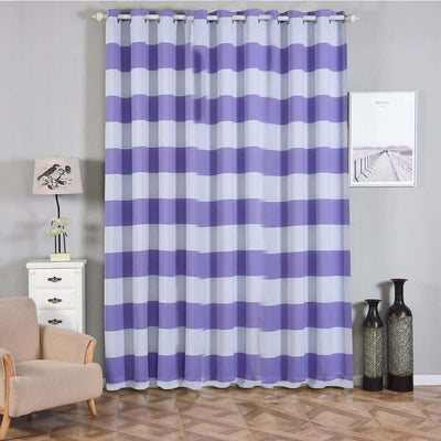 Purple striped curtain in a modern living room setting.