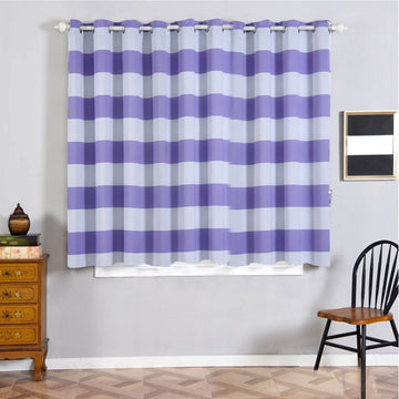 2 Pack White/Lavender Lilac Cabana Stripe Thermal Blackout Curtains With Chrome Grommet Window Treatment Panels 52"x64"