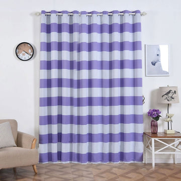 2 Pack White/Lavender Lilac Cabana Stripe Thermal Blackout Curtains With Chrome Grommet Window Treatment Panels 52"x96"