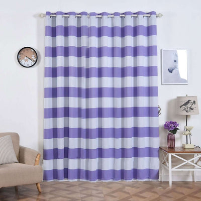 Purple striped curtains hanging in a cozy living room setting.