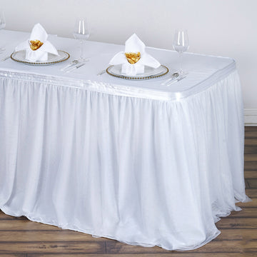 14ft White 2 Layer Tulle Tutu Table Skirt With Satin Attachment
