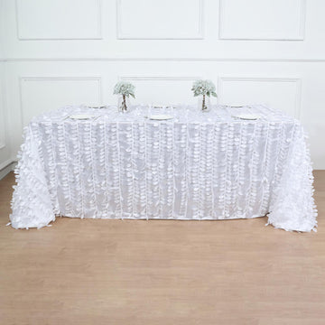 White 3D Leaf Petal Taffeta Fabric Seamless Rectangle Tablecloth 90"x132"