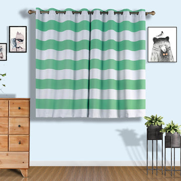 2 Pack White/Mint Cabana Stripe Thermal Blackout Window Curtain Grommet Panels, Noise Cancelling Curtains 52"x64"