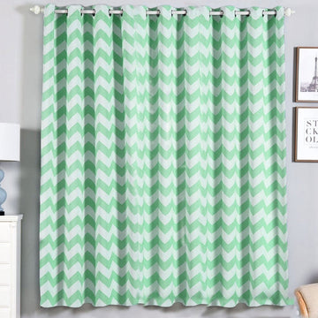 2 Pack White/Mint Chevron Design Thermal Blackout Curtains With Chrome Grommet Window Treatment Panels 52"x84"