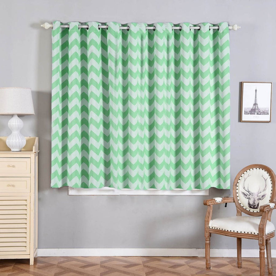 2 Pack White & Mint Chevron Print Thermal Blackout Chrome Grommet Curtain Panels 52 Inch x 64 Inch