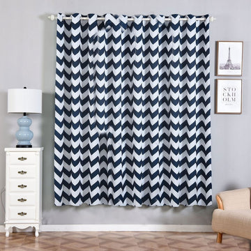 2 Pack White/Navy Blue Chevron Design Thermal Blackout Curtains With Chrome Grommet Window Treatment Panels 52"x84"