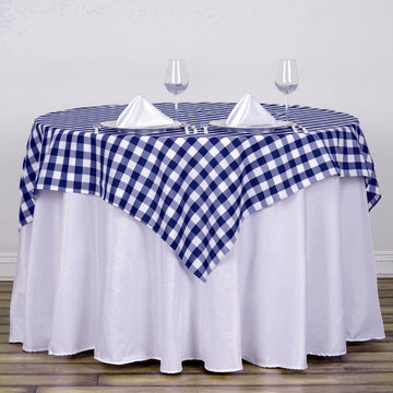 Elegant White/Navy Blue Buffalo Plaid Polyester Table Overlay