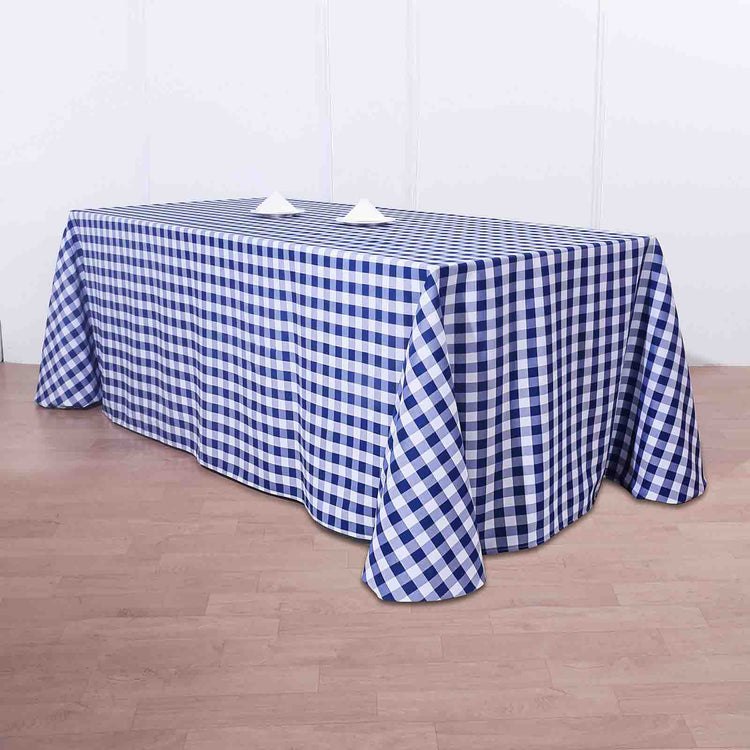 90 Inch x 132 Inch Rectangular White & Navy Blue Checkered Polyester Linen Buffalo Plaid Tablecloth
