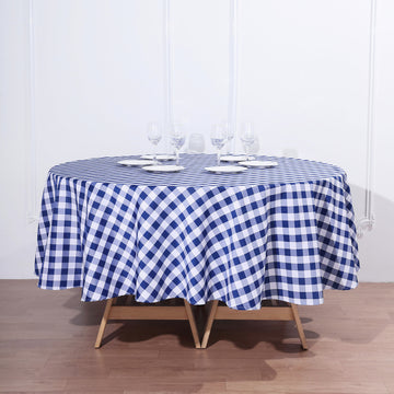 90" | White/Navy Blue Seamless Buffalo Plaid Round Tablecloth, Gingham Polyester Checkered Tablecloth